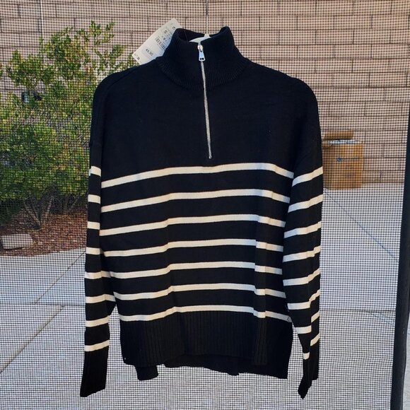 Zara Sweater Quarter Zip in Black and White Stripes size S - Picture 3 of 5